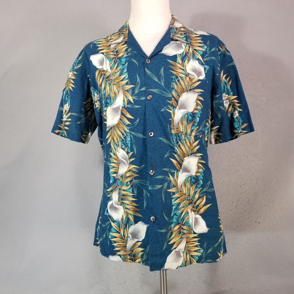 Hawaiian Blues shirt men's large Blue floral short sleeve cotton aloha